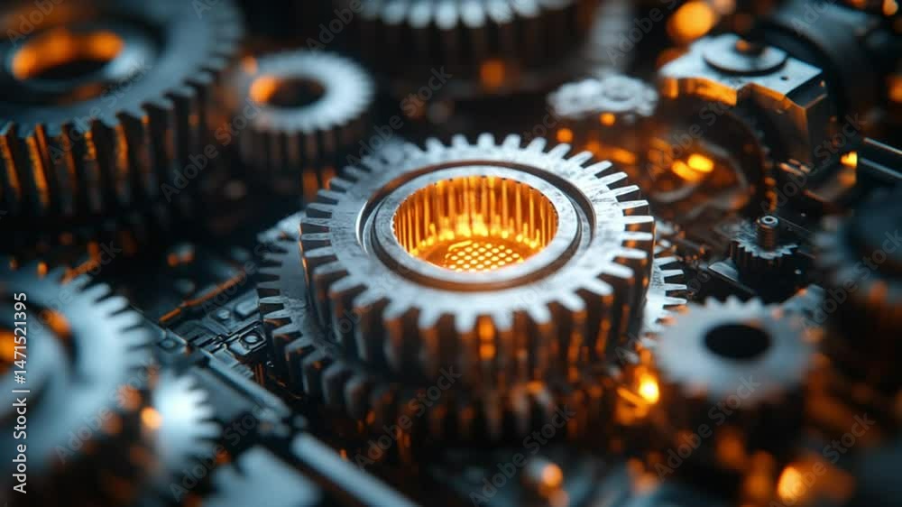 Rotating mechanical gears in close-up with precision engineering and metallic shine