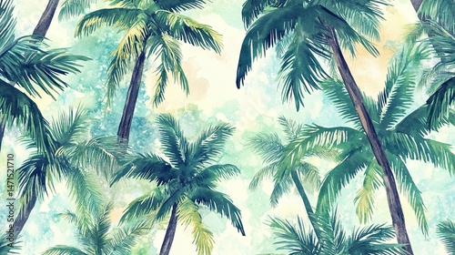 Watercolor palm trees, tropical summer seamless pattern design background