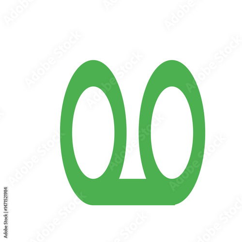 Green graphic of a stylized reel to reel tape recorder symbol on a white background in a simple design