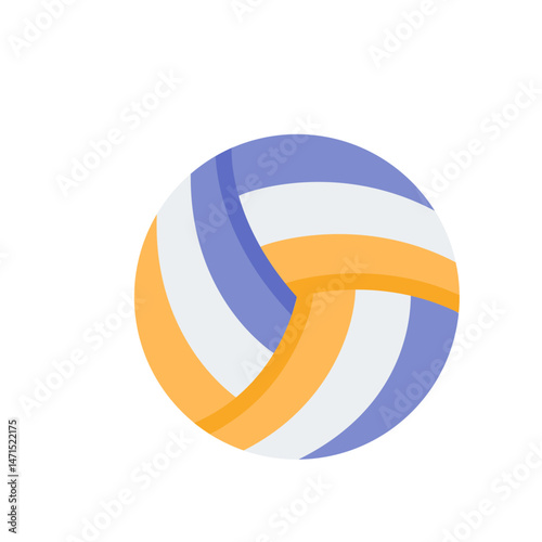 Illustration of a volleyball with blue, orange, and white panels in a circular shape and flat design