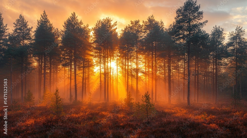 Golden sunrise through misty pine forest Golden sunrise through misty pine forest