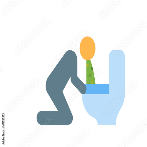 Illustration of a stick figure vomiting into a toilet bowl with a blue rim on a white background scene