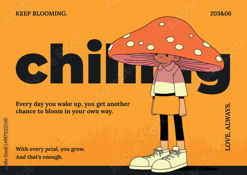Cute mushroom-headed child character with chill vibes photo