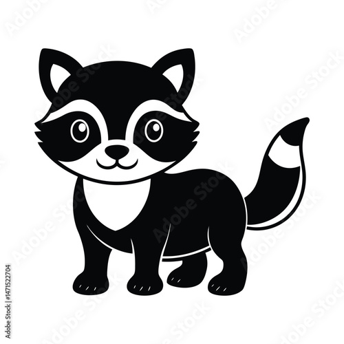 Cute raccoon cartoon animal silhouette on white  background
