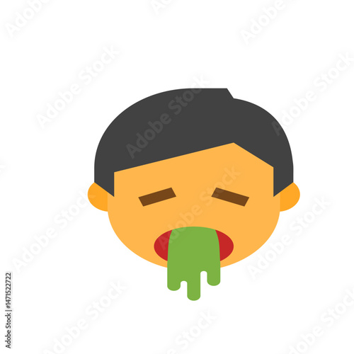 Illustration of a person with dark hair and closed eyes vomiting green liquid from their mouth in distress