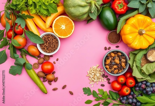Pink background, vibrant fruits, vegetables, nuts, seeds, spices arranged in a colorful flat lay , garlic, food photography