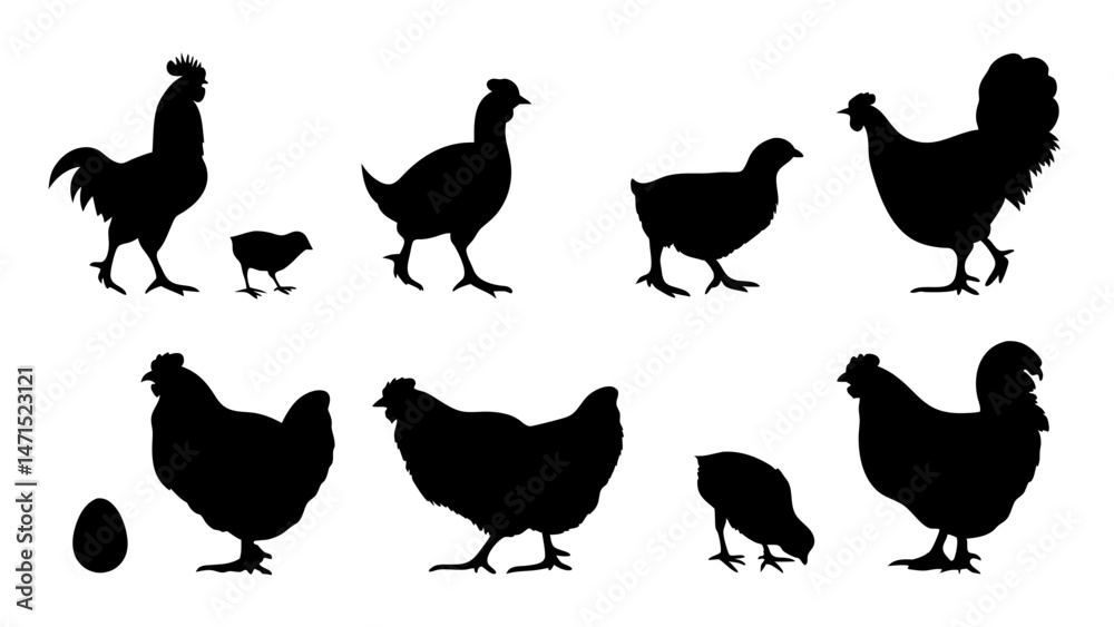 Fototapeta premium Chickens in pasture silhouette farm pets.