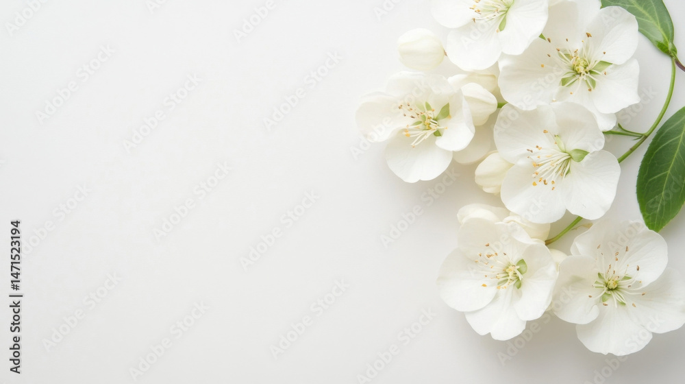 Obraz premium Delicate white blossoms arranged on a pristine white background, creating a serene and elegant floral composition perfect for springtime designs or wedding invitations. : Generative AI