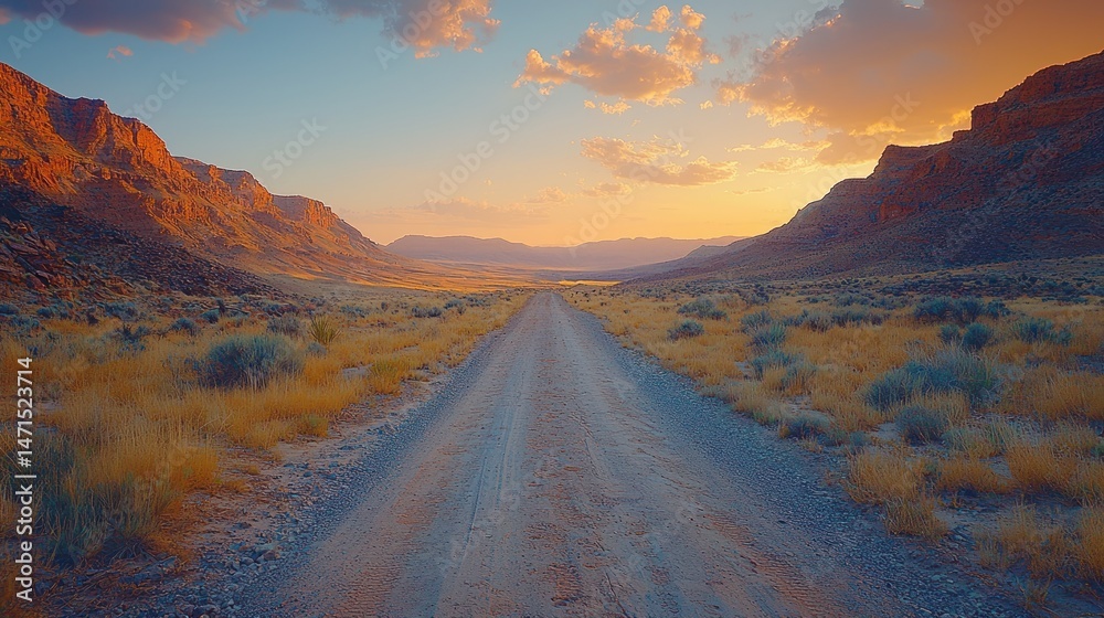 Fototapeta premium Desert road at sunset, dramatic landscape (1)
