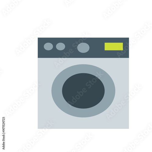 Illustration of a front loading washing machine with a dark gray door and light gray body design element