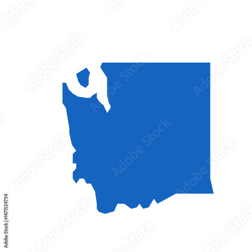 Blue silhouette of washington state with irregular borders on a white plain background view map