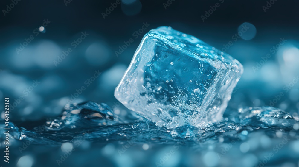 Melting Ice Cube with Droplets on Dark Blue Background Melting Ice Cube with Droplets on Dark Blue Background