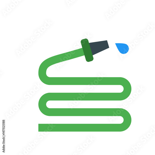 Illustration of a green garden hose with a dark nozzle and a blue water droplet at the end of the hose