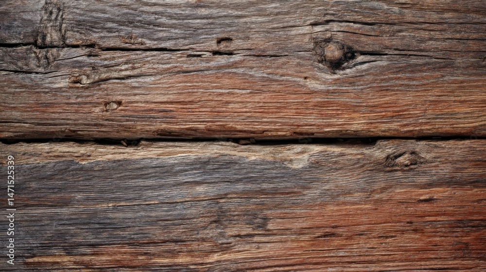 Fototapeta premium Close-up view of rustic, weathered wood planks showing rich brown and gray tones, intricate grain patterns, and natural knots. : Generative AI