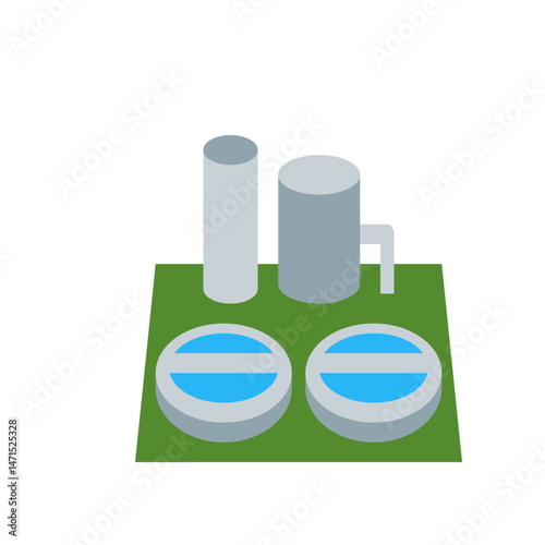 Isometric view of a water treatment plant with tanks and circular pools on a green surface design is simple