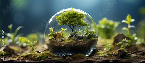 Small tree in a glass sphere with moss. Environment protection concept.