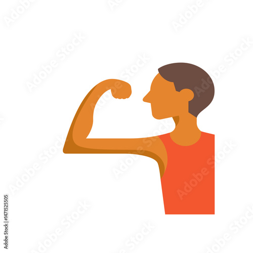 Illustration of a man flexing his bicep with an orange tank top and brown hair on a white background