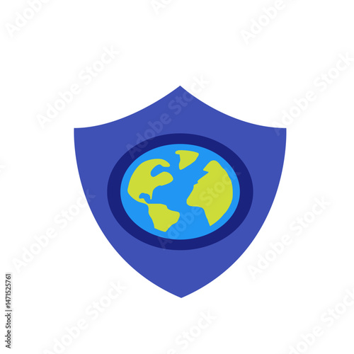 Illustration of a blue shield containing a globe with green continents and blue oceans inside a circle