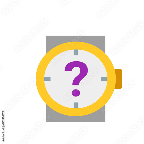 Yellow circular clock with gray hands and a purple question mark in the center on a gray background