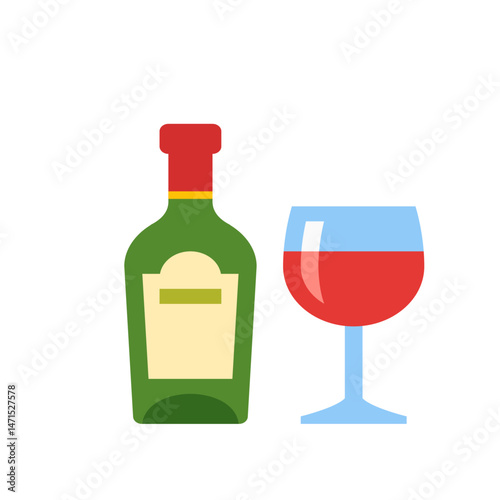 Illustration of a green wine bottle with a red cap and a glass of red wine next to it on a white background