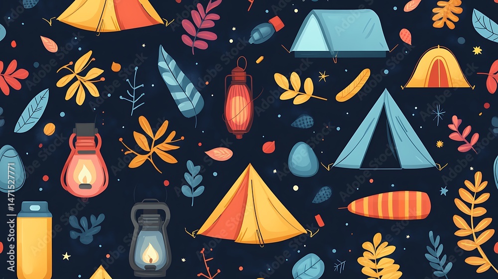 Camping Night Seamless Pattern.