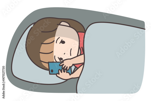 夜中に布団でスマホを見る女の子