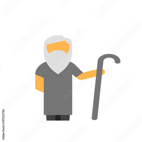 Illustration of an elderly man with a white beard wearing a gray robe and holding a walking stick upright