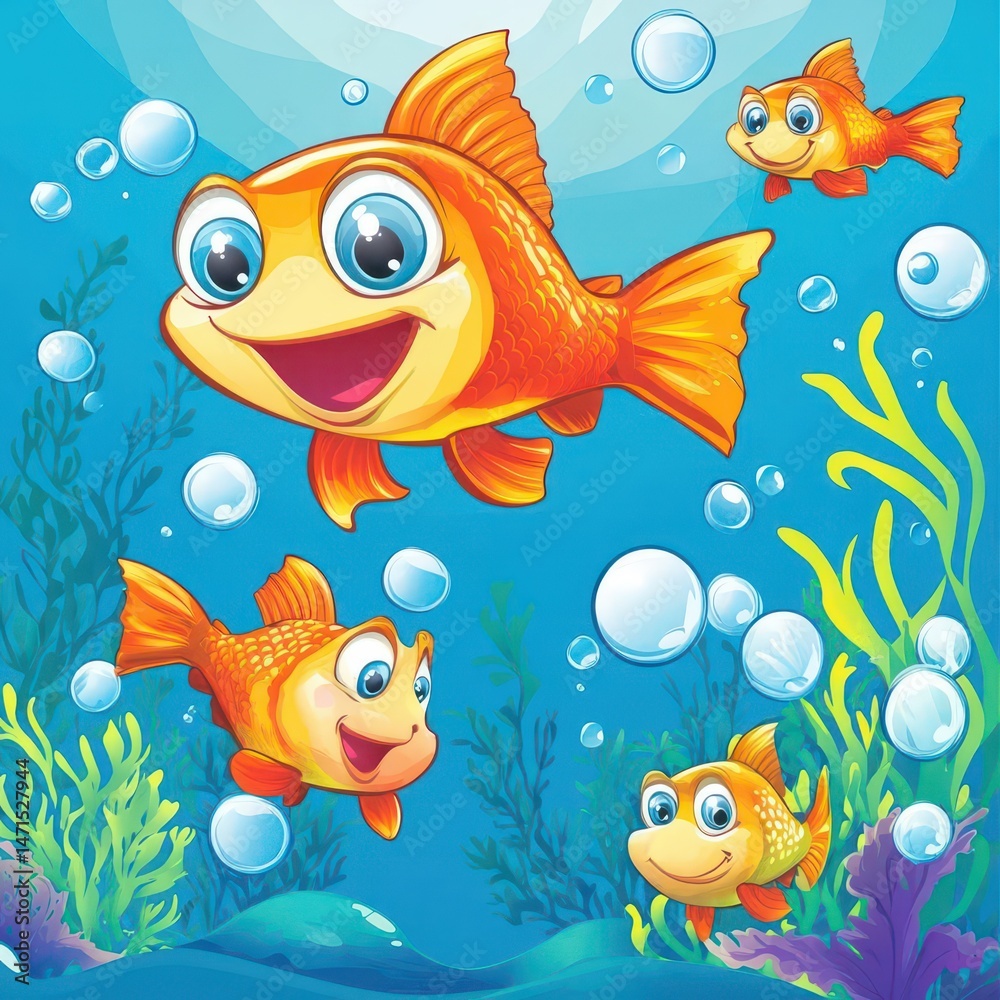 Naklejka premium Colorful cartoon fish swimming in a vibrant underwater scene with bubbles and plants.
