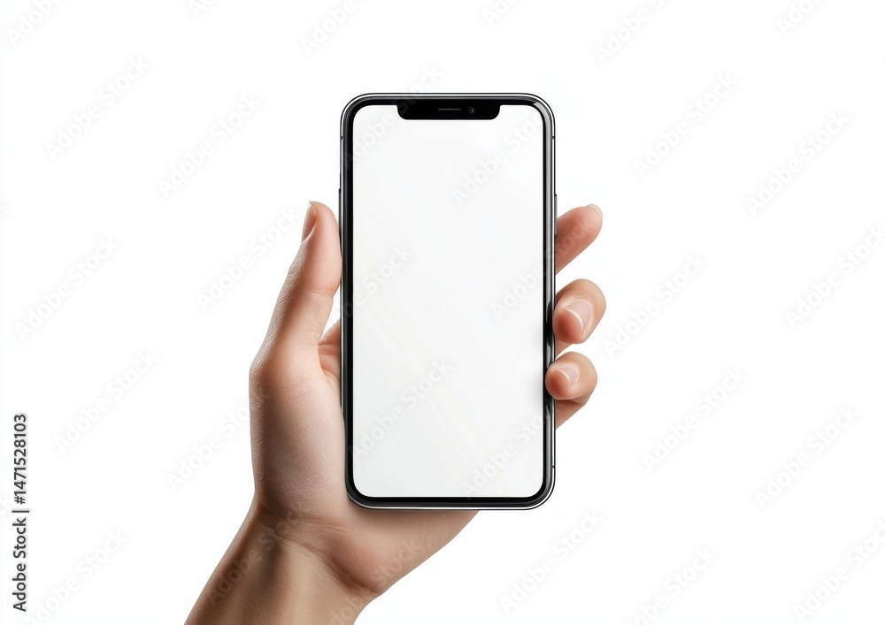 A person's hand holds a modern smartphone with a blank white screen, showcasing its sleek design and minimalist aesthetic. The image is perfect for app presentations or mobile technol : Generative AI A person's hand holds a modern smartphone with a blank white screen, showcasing its sleek design and minimalist aesthetic. The image is perfect for app presentations or mobile technol : Generative AI