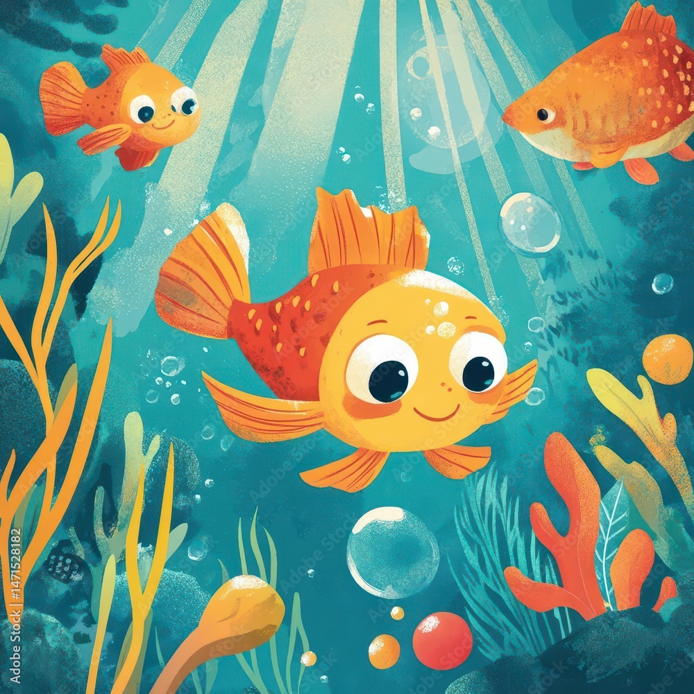 Naklejka premium Colorful underwater scene featuring cheerful fish swimming among plants and bubbles.