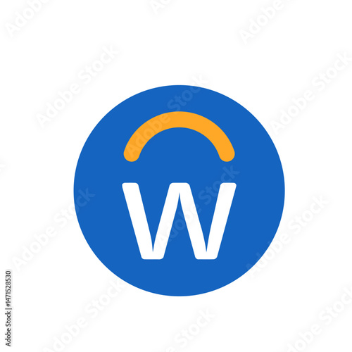 Illustration of a blue circle containing a white letter w and a yellow arc above it centered nicely