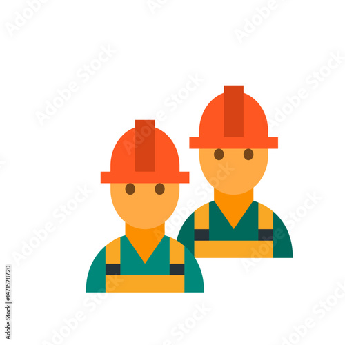 Illustration of two construction workers wearing hard hats and overalls standing side by side in a group setting