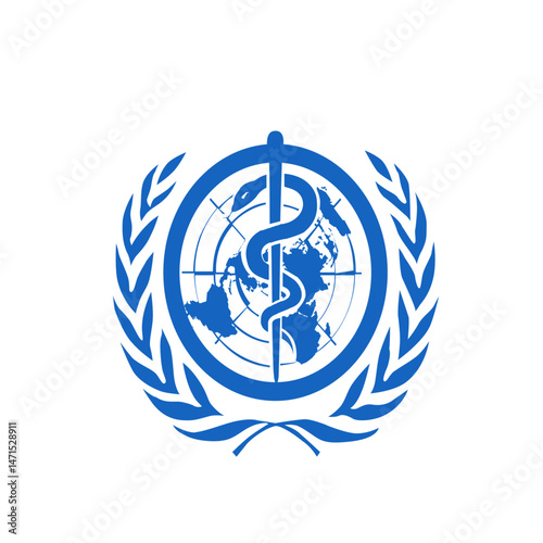 Illustration of the world health organization logo with snake and rod of asclepius on a world map design
