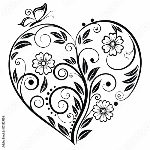 Love's Elegant Flourish: An exquisite heart design blooms with intricate floral and leafy elements, symbolizing affection and beauty in a harmonious, artistic expression.