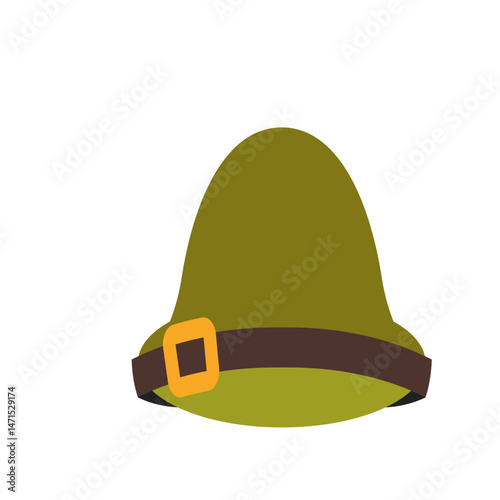 Illustration of a green pith helmet with a brown band and a yellow buckle on a white background view