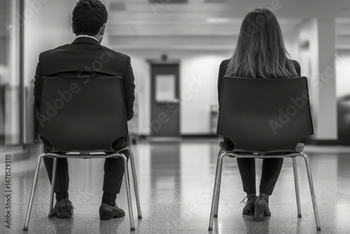 man woman businesswoman business chair sitting waiting businessman candidate recruitment office gender discrimination  job young interview workplace harassment gossip secret