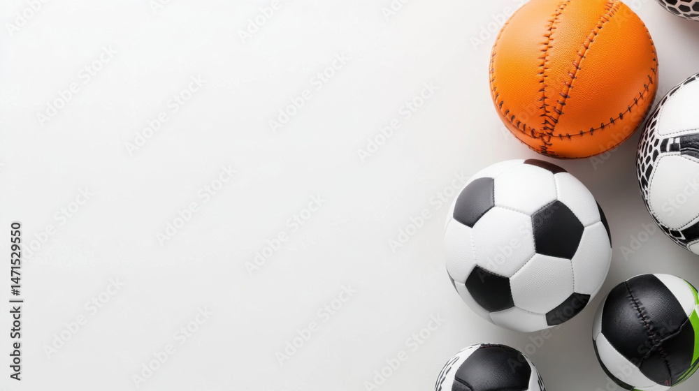 A collection of various sports balls arranged on a white background, offering ample copy space for text or design elements. : Generative AI