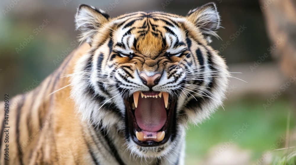 Fototapeta premium Close-up of a majestic tiger with its mouth open, revealing sharp teeth and a powerful presence. The tiger's fur is detailed, showcasing its orange, black, and white stripes. : Generative AI