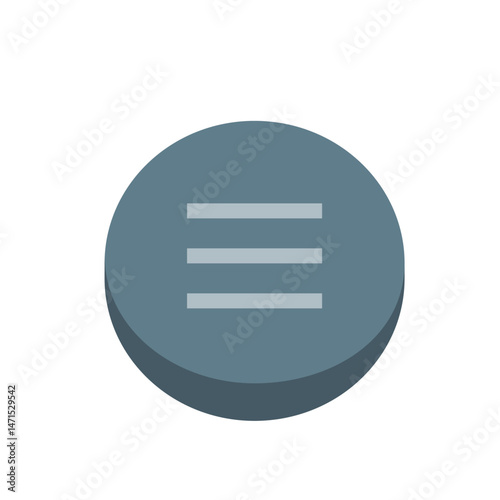 A blue gray circular button with three horizontal lines in the center of the circle in a simple style