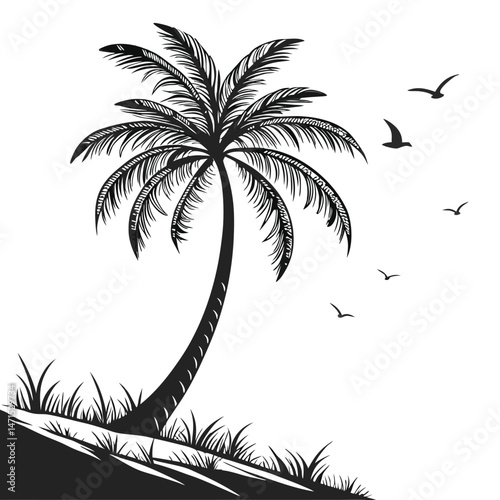 Tropical Paradise Silhouette: A captivating silhouette of a palm tree gracefully standing on a small, grassy island, with birds soaring in the clear sky.