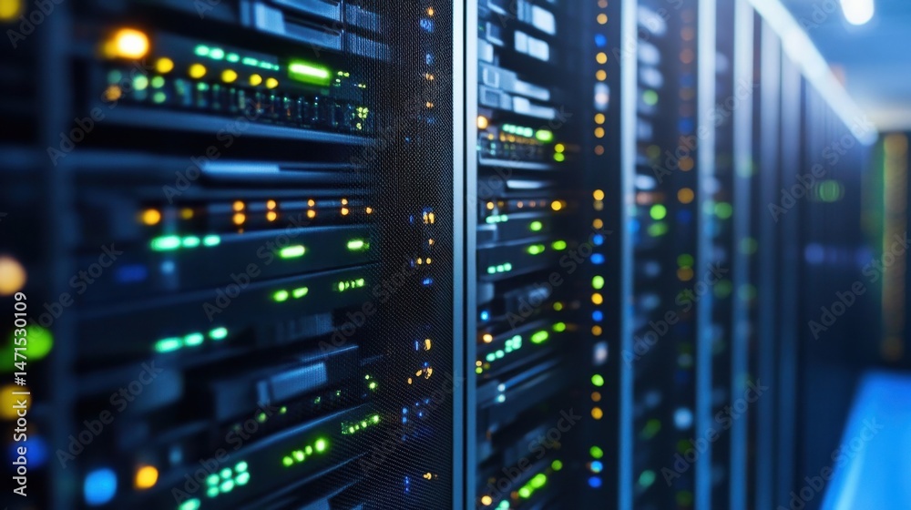 Rows of illuminated server racks in a modern data center, showcasing vibrant green and orange indicator lights, highlighting advanced technology and digital infrastructure. : Generative AI Rows of illuminated server racks in a modern data center, showcasing vibrant green and orange indicator lights, highlighting advanced technology and digital infrastructure. : Generative AI