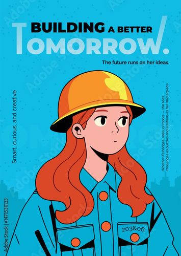 Red-haired girl in construction helmet with text “Building a better tomorrow,” symbolizing growth and future.