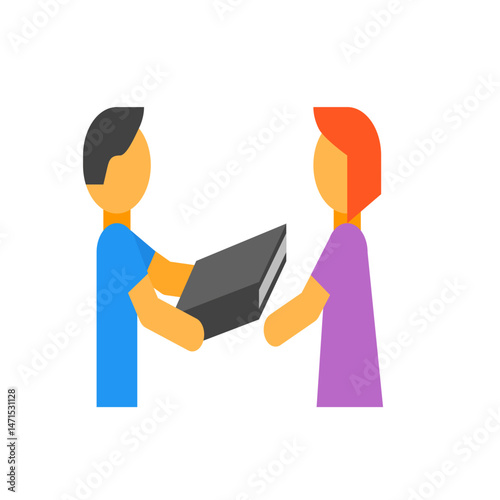 A stick figure handing a closed gray book to another stick figure with orange hair and purple shirt