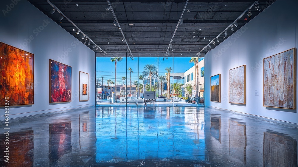 Fototapeta premium Modern art gallery with large windows showcasing vibrant paintings