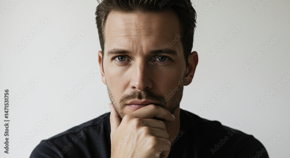 Fototapeta premium A thoughtful man poses with a serious expression against a neutral background.