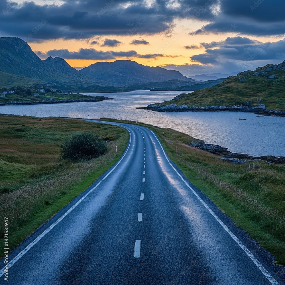 Road on highway and coast, natural landscape in the morning at sunrise Road on highway and coast, natural landscape in the morning at sunrise
