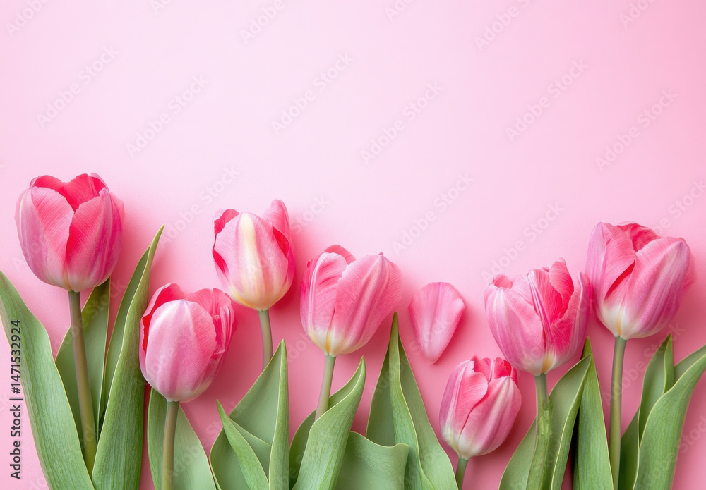 Pink tulips arranged on a pink background, creating a beautiful floral border with space for text or design elements. Perfect for spring, mother's day, or romantic themes. : Generative AI Pink tulips arranged on a pink background, creating a beautiful floral border with space for text or design elements. Perfect for spring, mother's day, or romantic themes. : Generative AI