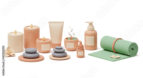Spa and Wellness Still Life with Candles, Stones, Lotion, and Yoga Mat | 3D Rendered Relaxation and Self-Care Concept for Health and Beauty Marketing