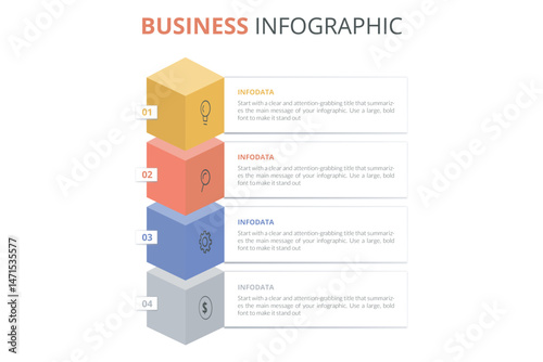 Mind map with three rectangular elements connected to main circle. Concept of business plan with 4 strategic steps. Minimal infographic design template. Modern flat vector illustration for report.