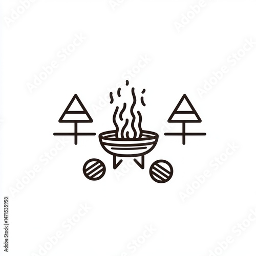 Campfire minimalist icon, forest setting, nature background, outdoor activity